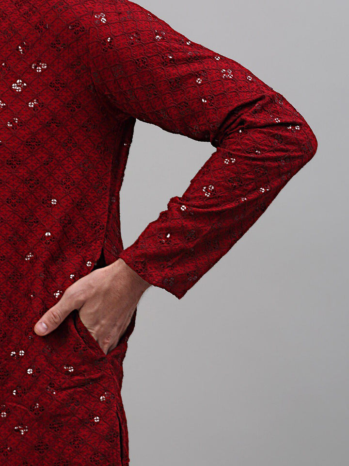 Jompers Mandarin Collar Embroidered Chikankari Straight Kurta With Pyjamas