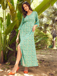 STREET 9 Green & Orange Floral Printed A-Line Maxi Dress