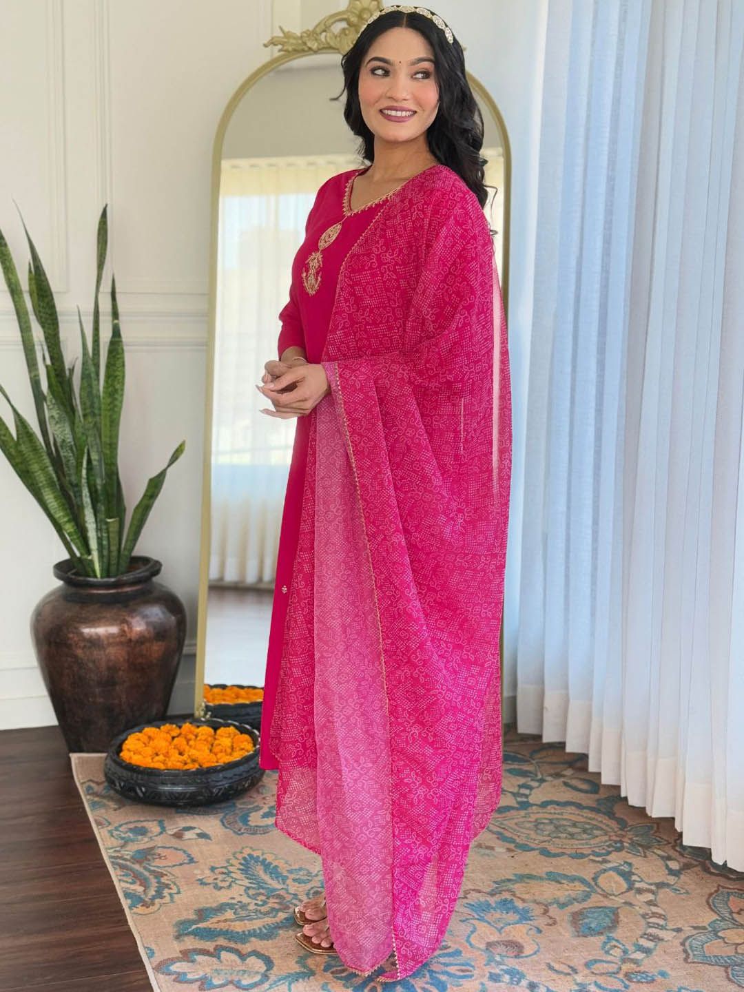 KALINI Zari V-Neck Straight Kurta With Trousers And Dupatta