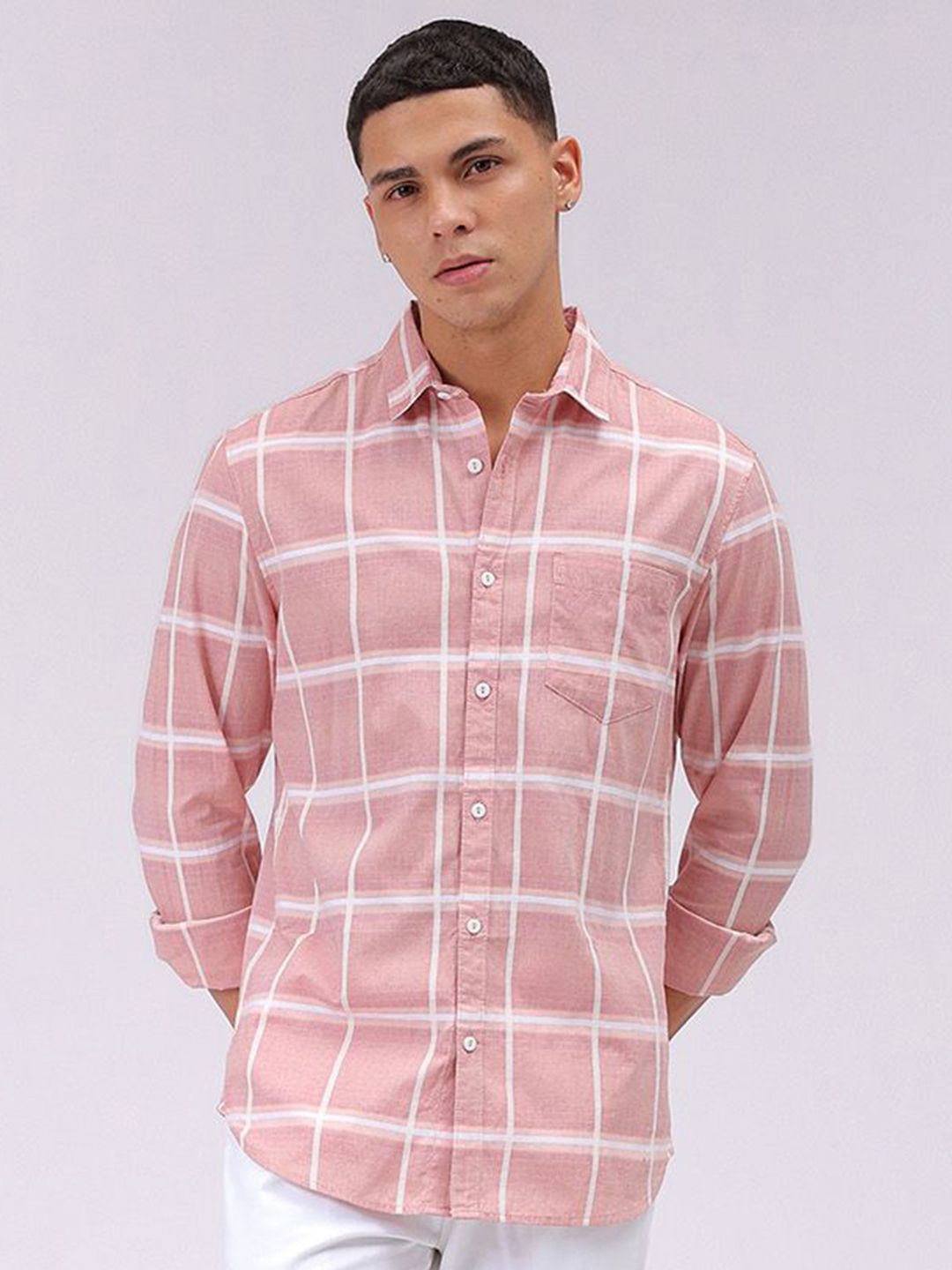 The Indian Garage Co Men Cutaway Collar Checked Cotton Slim Fit Casual Shirt
