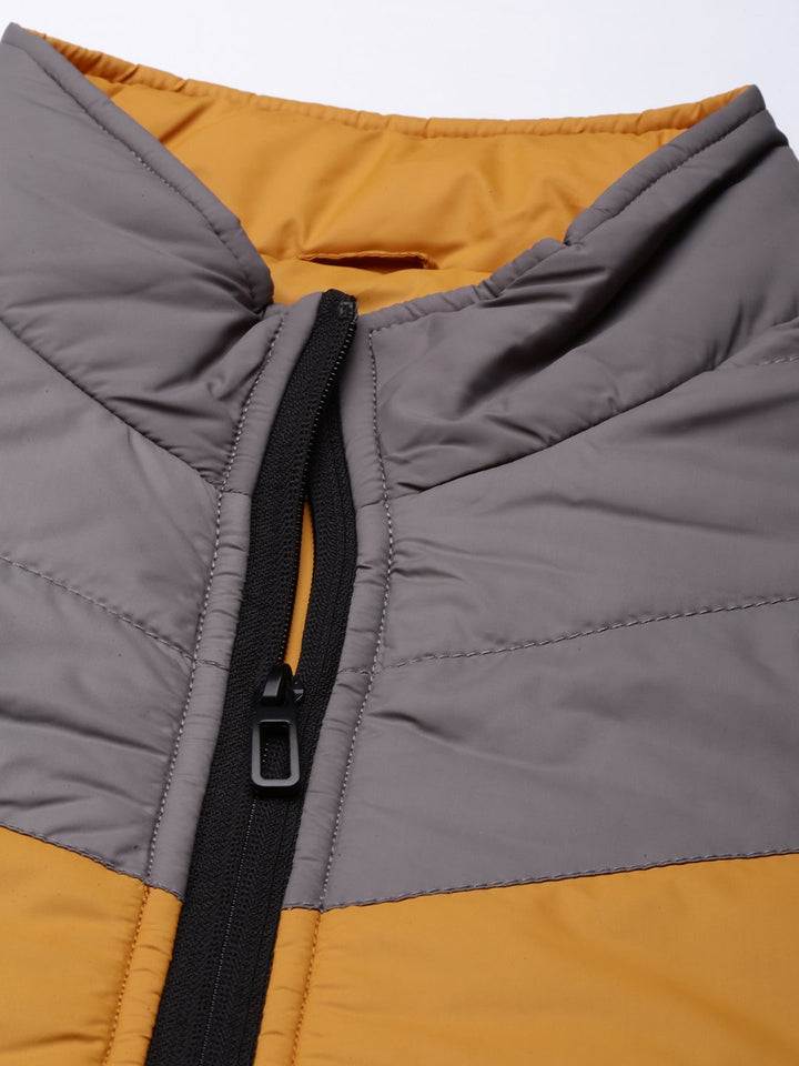 SPYKAR Men Grey & Mustard Yellow Colourblocked Padded Jacket