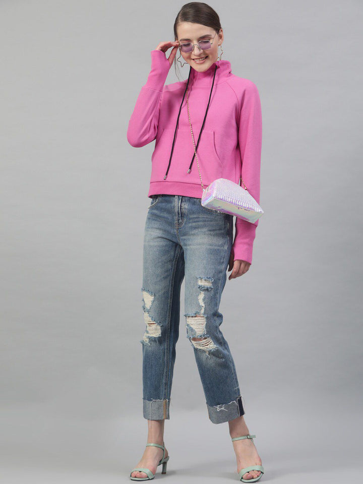 STREET 9 Women Pink Solid Hooded Sweatshirt