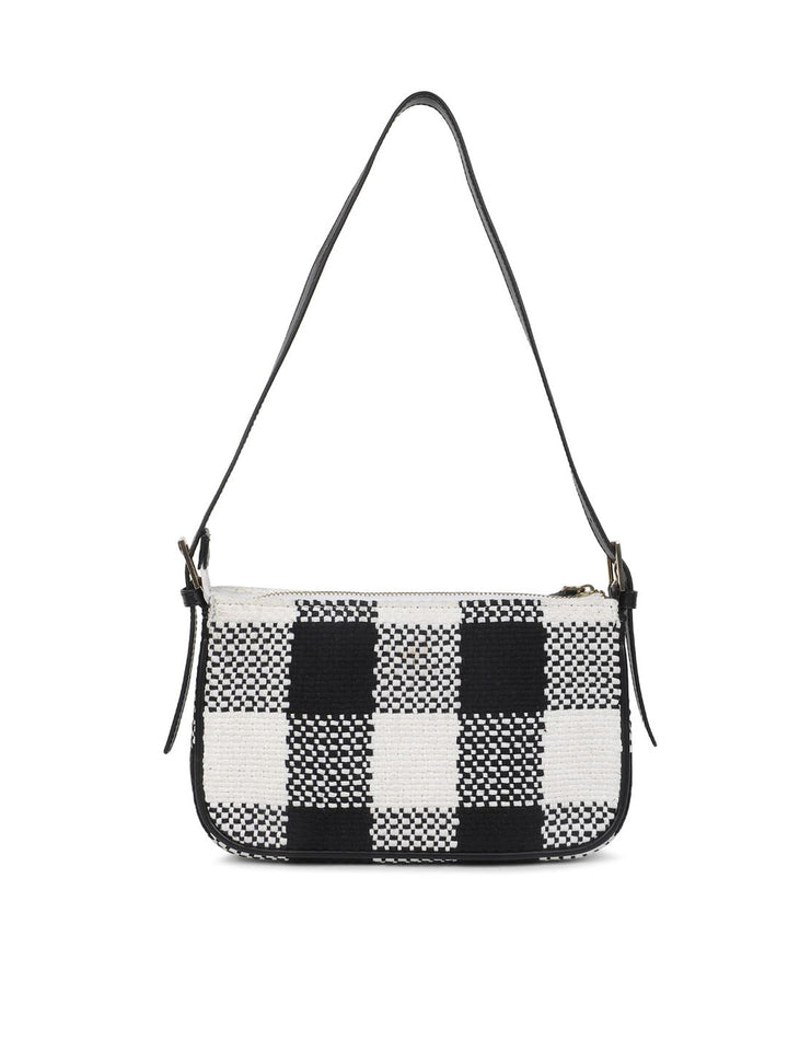 Berrylush Black & White Checked Structured Cotton Handheld Bag