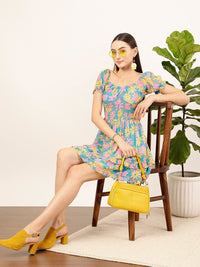 STREET 9 Blue & Mustard Floral Printed Sweetheart Georgette Fit & Flare Dress