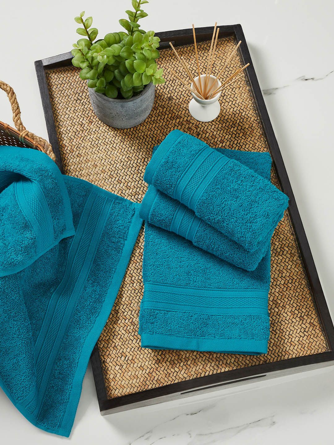 MYTRIDENT Teal Blue Set of 4 Soft  Plush Cotton Hand Towel