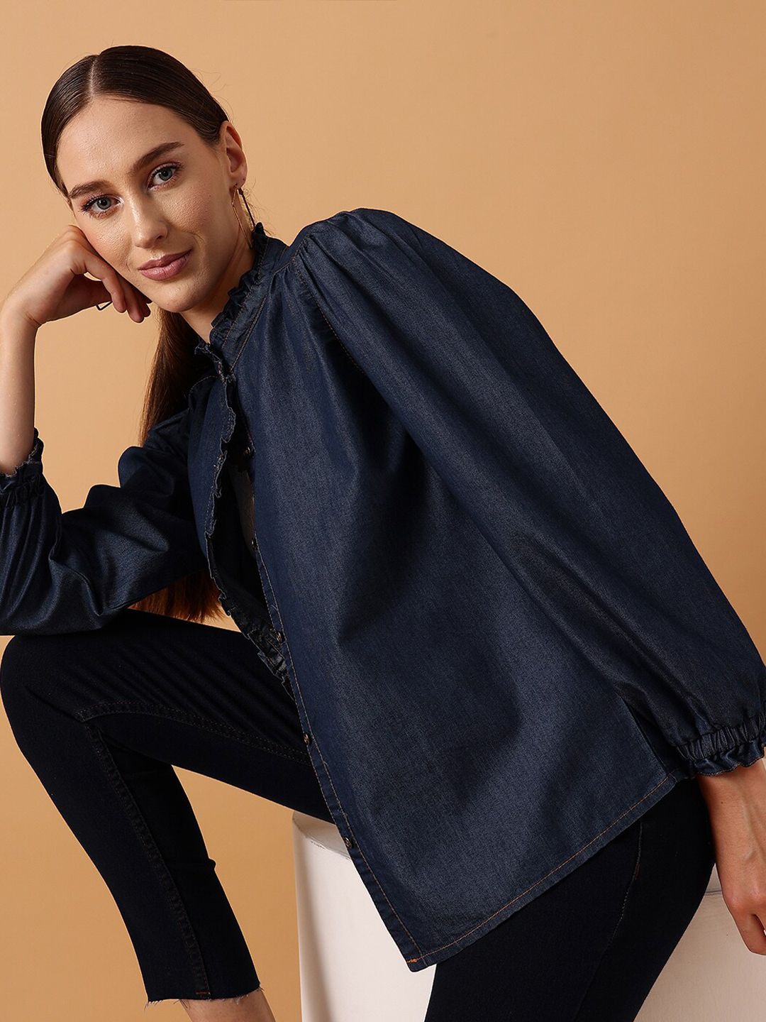 STREET 9 Comfort Band Collar Puff Sleeve Denim Casual Shirt