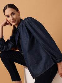 STREET 9 Comfort Band Collar Puff Sleeve Denim Casual Shirt