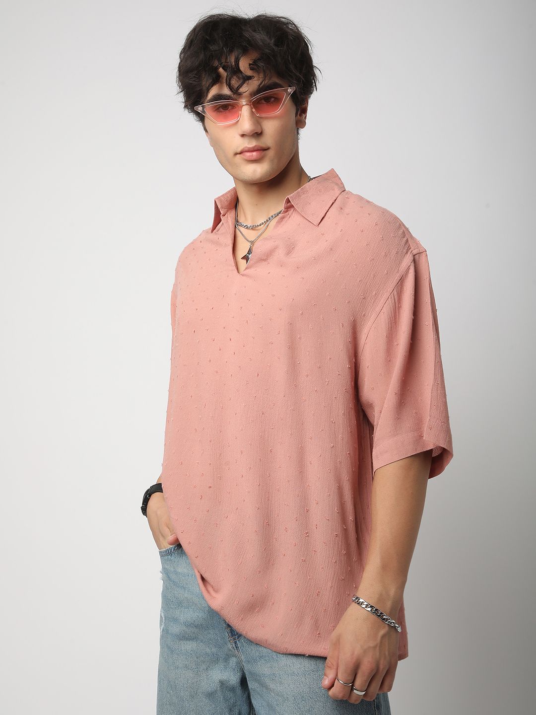 VASTRADO Men Classic Spread Collar Textured Cotton Relaxed Fit Casual Shirt