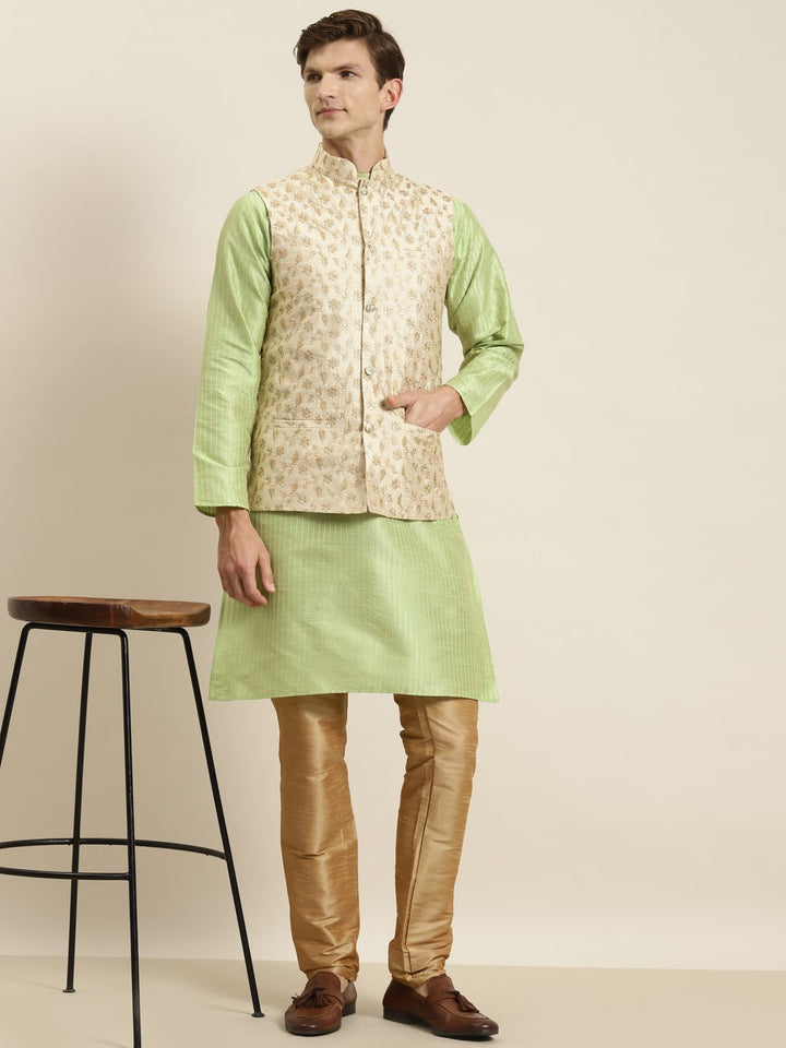 SOJANYA Men Green Striped Kurta with Churidar & Nehru Jacket