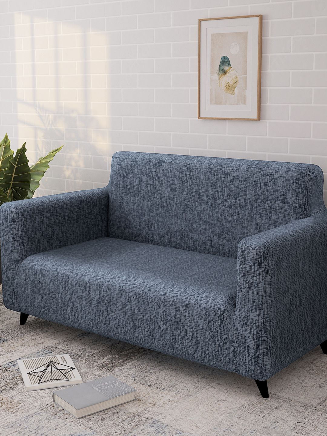 Story@home Grey & Black Printed 2 Seater Stretchable Sofa Cover With Arms