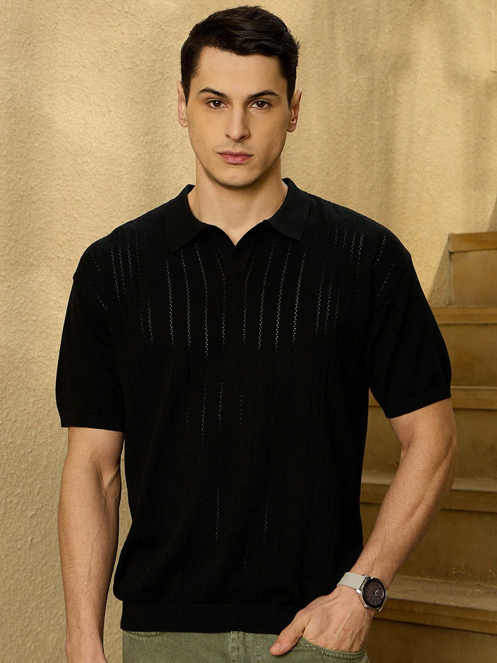 DENNISON Men Oversized Polo Neck Semi Sheer Knitted Pure Cotton T-Shirt