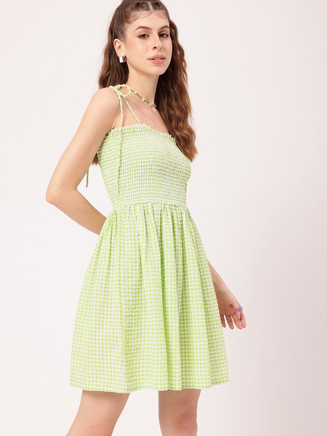 DressBerry Playful Bodice Smocked Tie-Up Straps Seersucker Checked A-line Dress