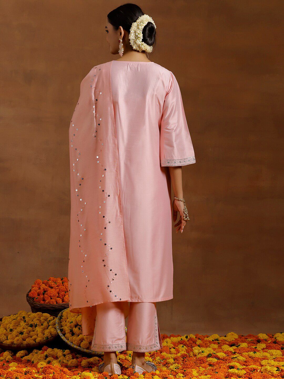 Libas Floral Yoke Design Sequinned Straight Kurta With Trousers & Dupatta