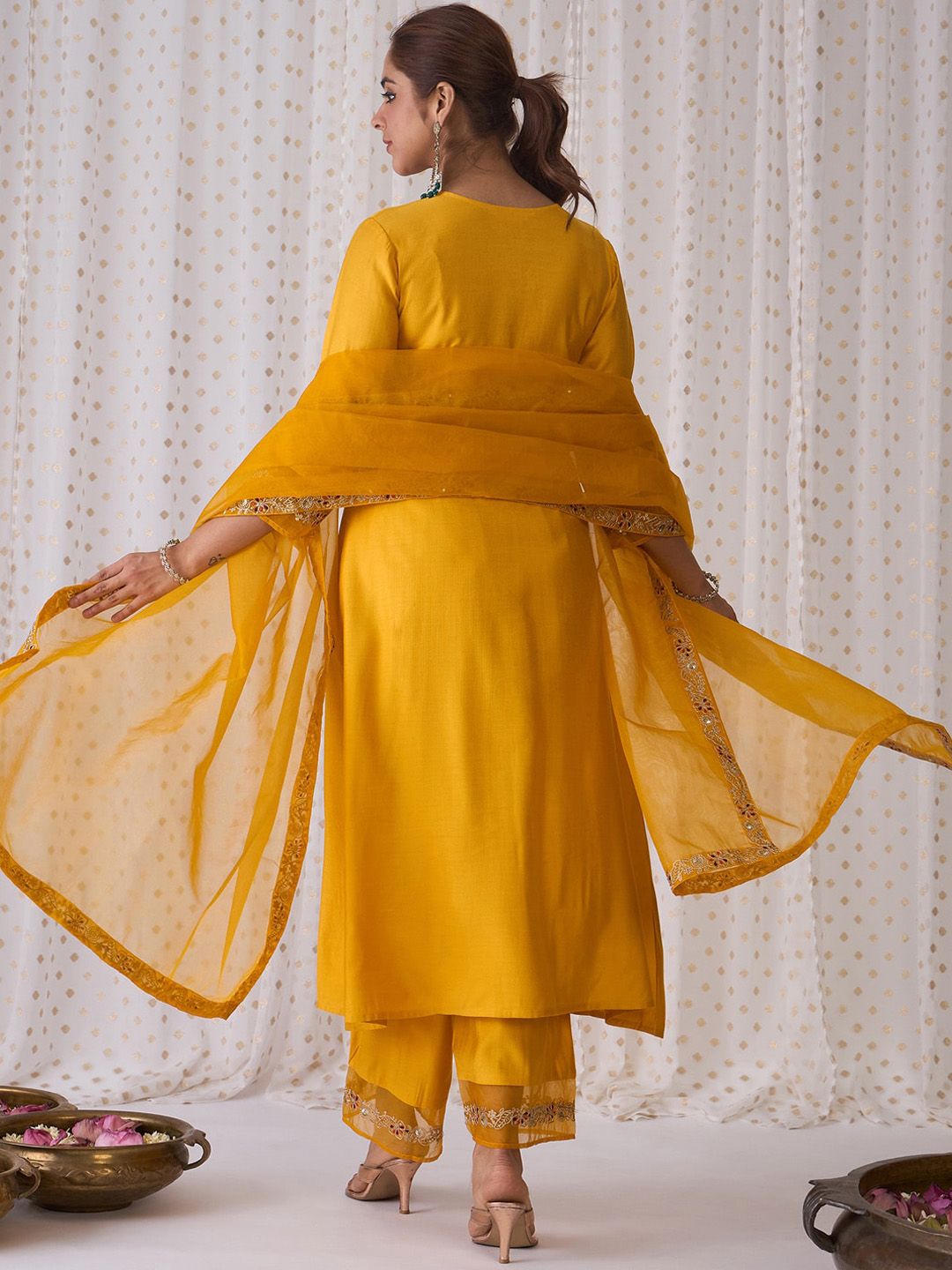 Indo Era Floral Embroidered Empire Liva A-Line Kurta With Palazzo & Dupatta
