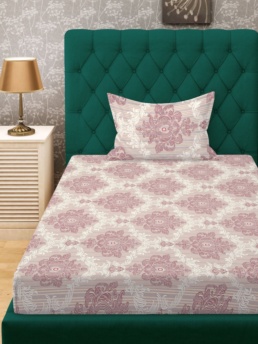 KLOTTHE Beige Ethnic Motifs Cotton 300 TC Fitted Single Fine Bedsheet with a Pillow Cover-89 x 59 inches