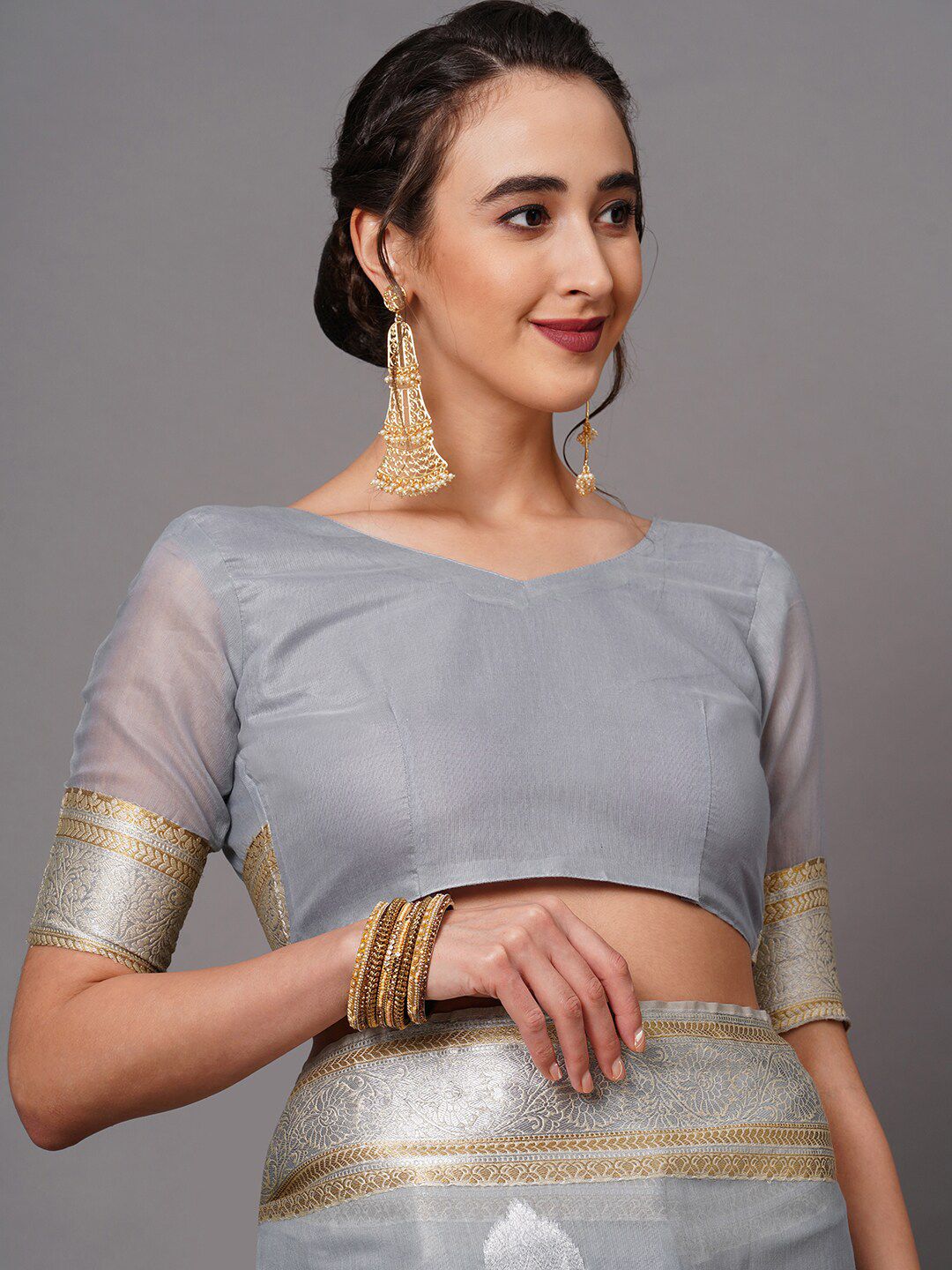 Saree mall Grey & Gold-Toned Woven Design Silk Blend Banarasi Sarees