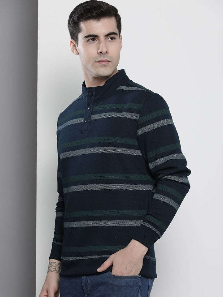 The Indian Garage Co Men Navy Blue & Green Striped Sweatshirt