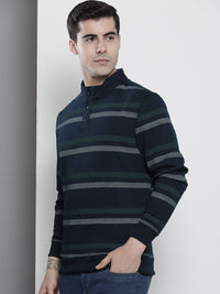 The Indian Garage Co Men Navy Blue & Green Striped Sweatshirt