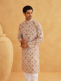 SOJANYA Men Cream-Coloured Geometric Printed Kurta