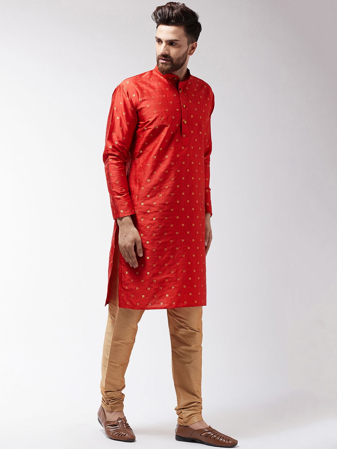SOJANYA Men Orange & Gold-Coloured Self Design Kurta with Churidar