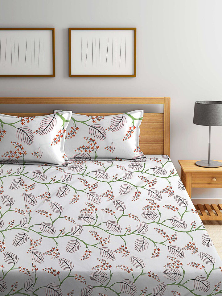 KLOTTHE White & Brown Printed 300 TC Fitted Double Bed Bedsheet With 2 Pillow Covers