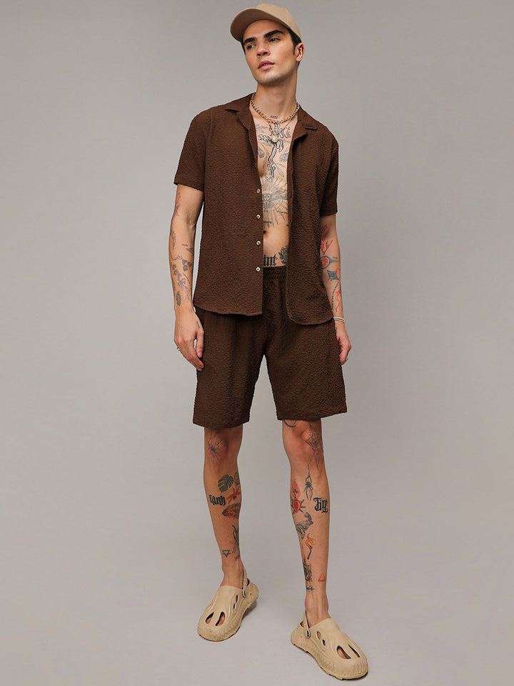 Campus Sutra Chocolate Brown Short Sleeves Textured Shirt & Shorts