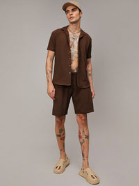 Campus Sutra Chocolate Brown Short Sleeves Textured Shirt & Shorts
