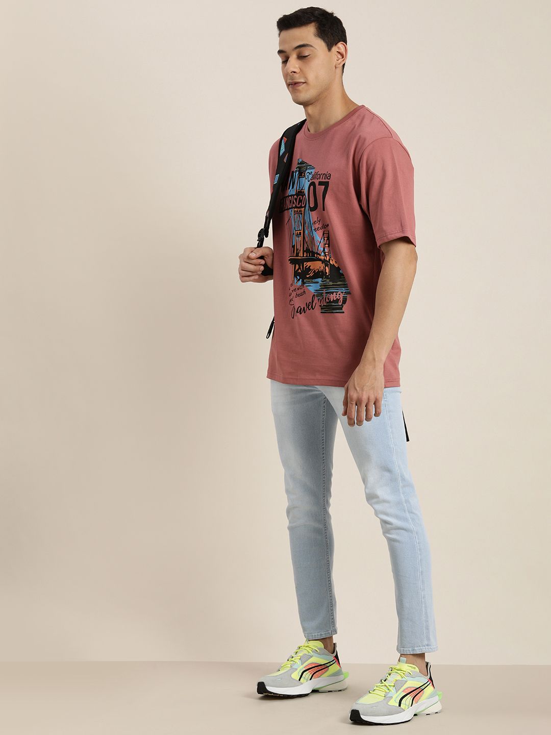 DILLINGER Men Dusty Pink Printed Pure Cotton Loose Oversized T-shirt
