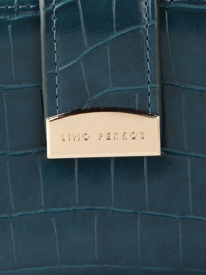Lino Perros Women Teal Blue Croc Textured Two Fold Wallet