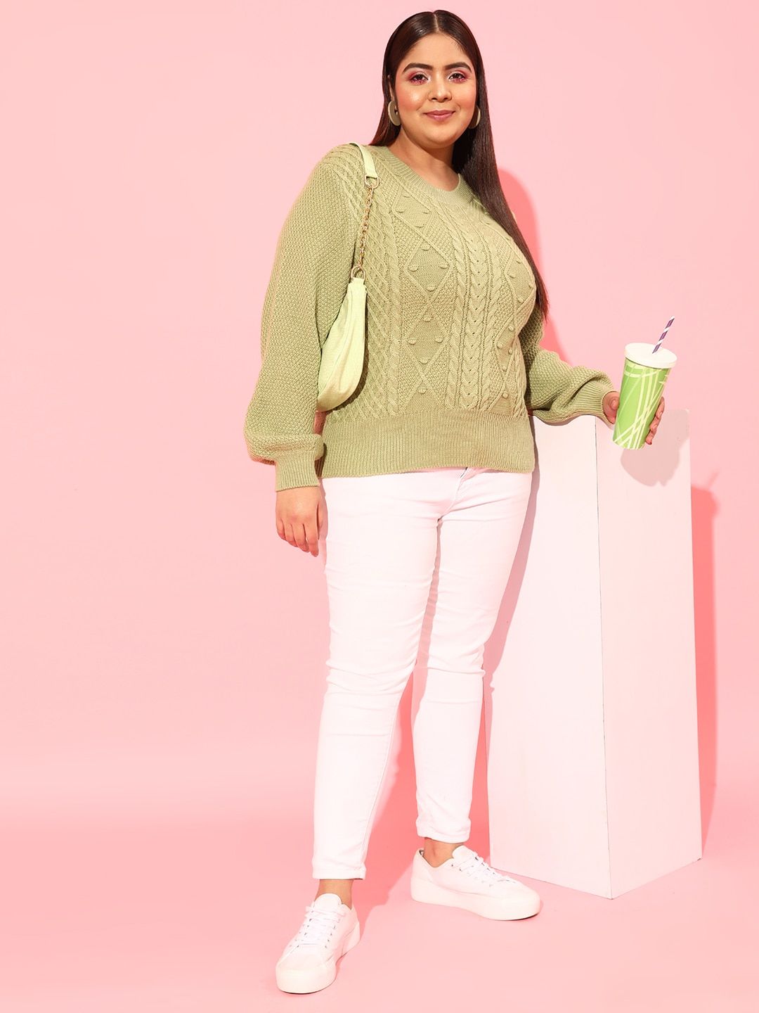 CURVY STREET Plus Size Women Green Cable Knit Acrylic Pullover