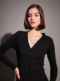 SASSAFRAS Black Ribbed Sheath Midi Dress