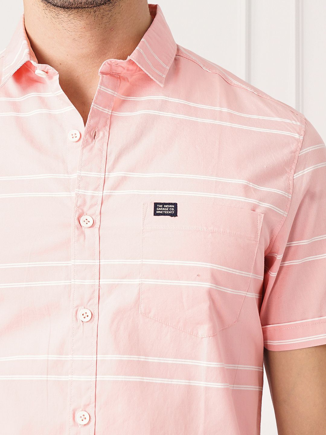 The Indian Garage Co Men Peach-Coloured & White Horizontal Striped Cotton Casual Shirt