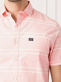 The Indian Garage Co Men Peach-Coloured & White Horizontal Striped Cotton Casual Shirt