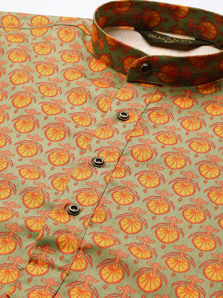SOJANYA Men Green & Orange Ethnic Motif Print Straight Kurta