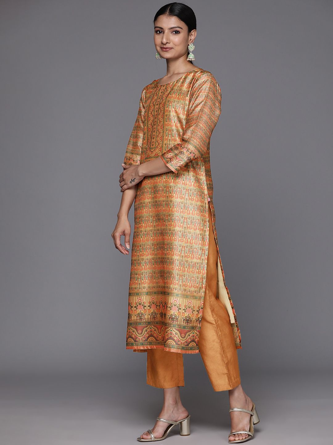Varanga Women Coral Printed Regular Chanderi Silk Kurta with Trousers & With Dupatta