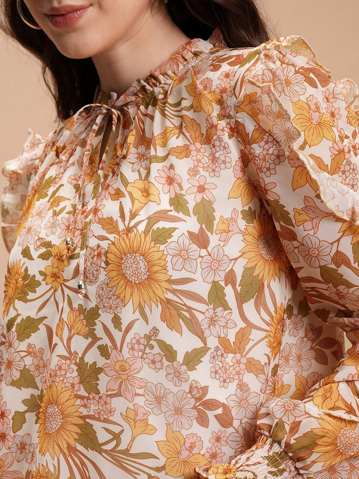 Tokyo Talkies Yellow Floral Print Tie-Up Neck Ruffled Cuffed Sleeves Blouson Top