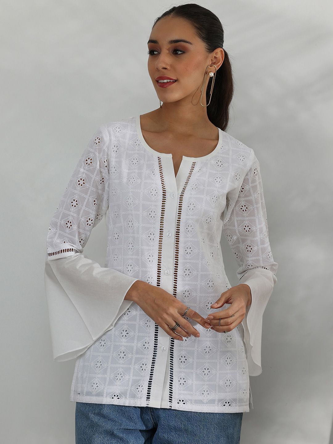 Libas Floral Embellished Notch Neck Pure Cotton Tunic