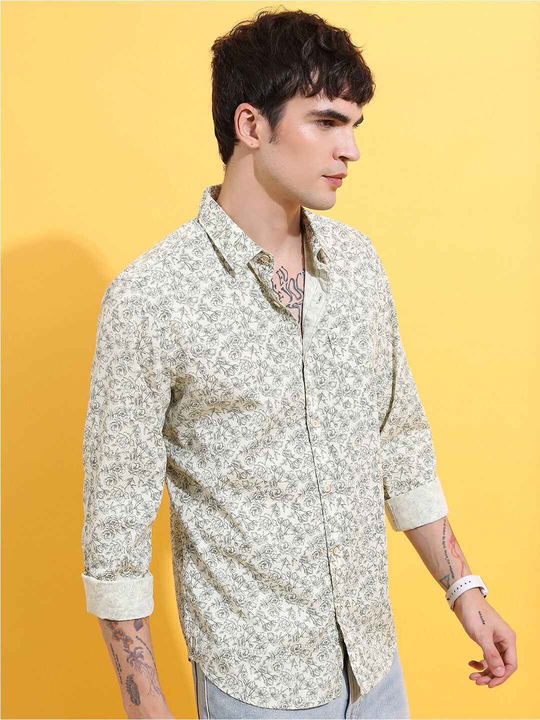 HIGHLANDER Lime Green Floral Printed Spread Collar Slim Fit Cotton Casual Shirt
