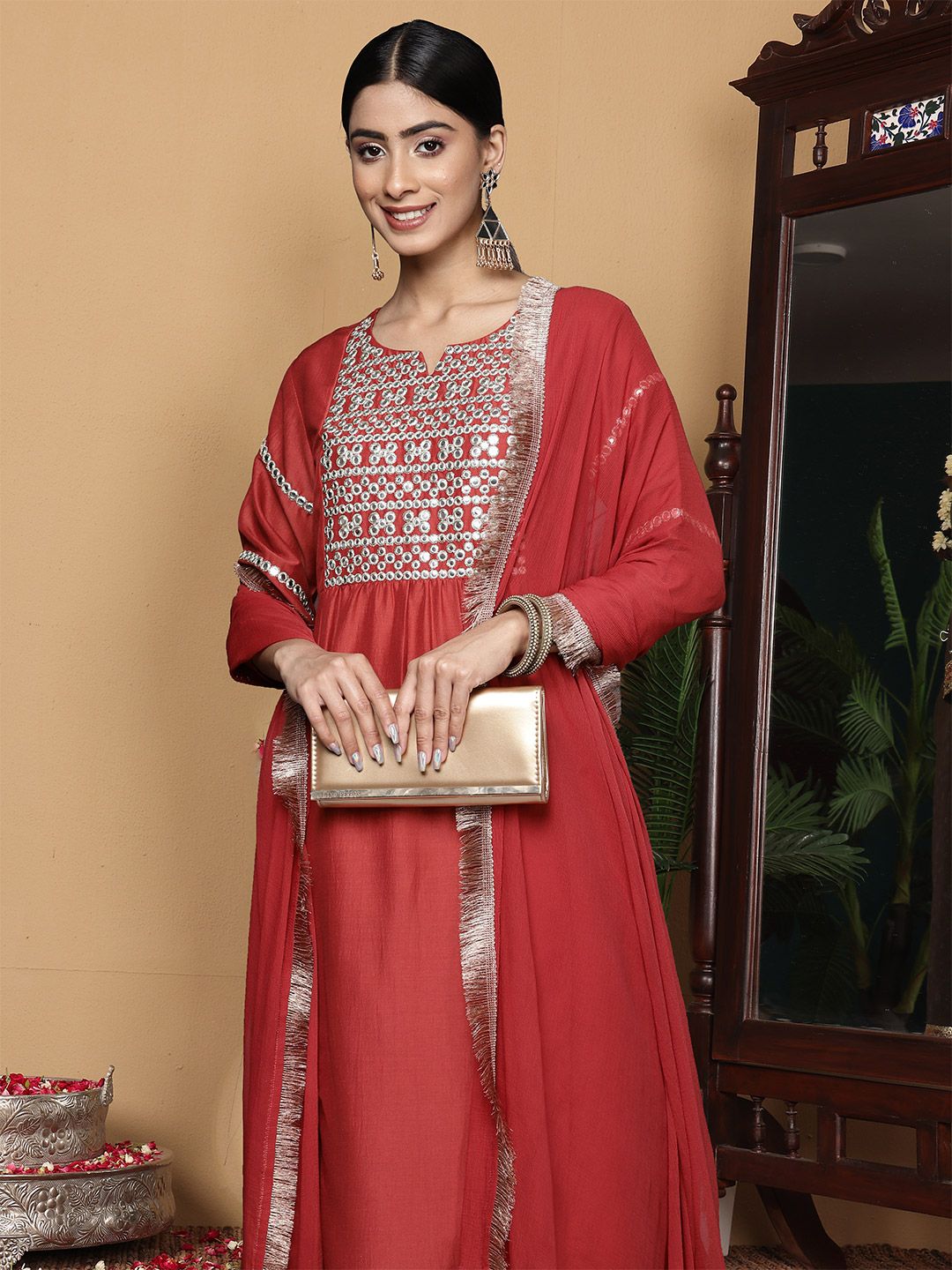 Varanga Embroidered Empire Mirror Work Kurta With Trousers & With Dupatta