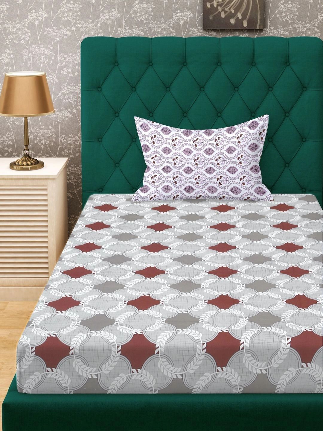 Moda Rapido X KLOTTHE Grey & Maroon Geometric 400 TC Single Bedsheet with 1 Pillow Covers