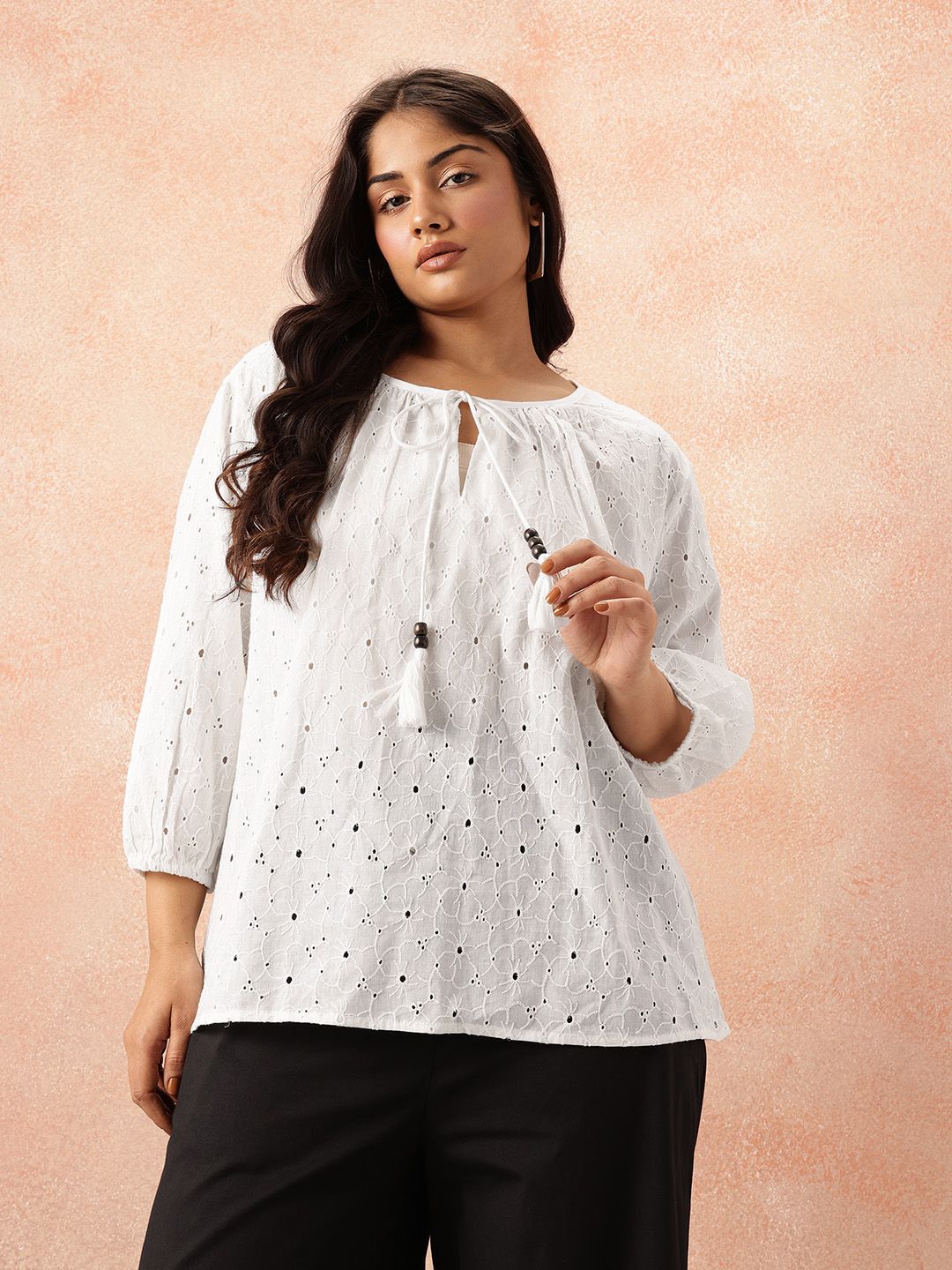 all about you Plus Size Floral Tie-Up Neck Pure Cotton Top