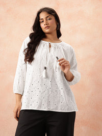 all about you Plus Size Floral Tie-Up Neck Pure Cotton Top