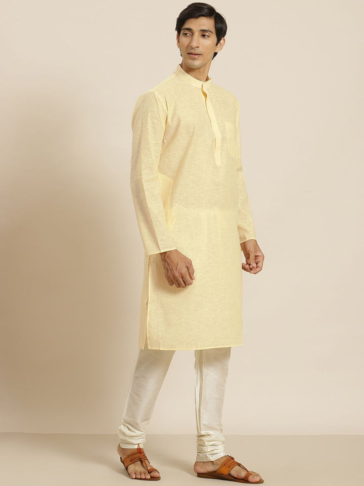 SOJANYA Men Yellow & Off White Pure Cotton Striped Kurta