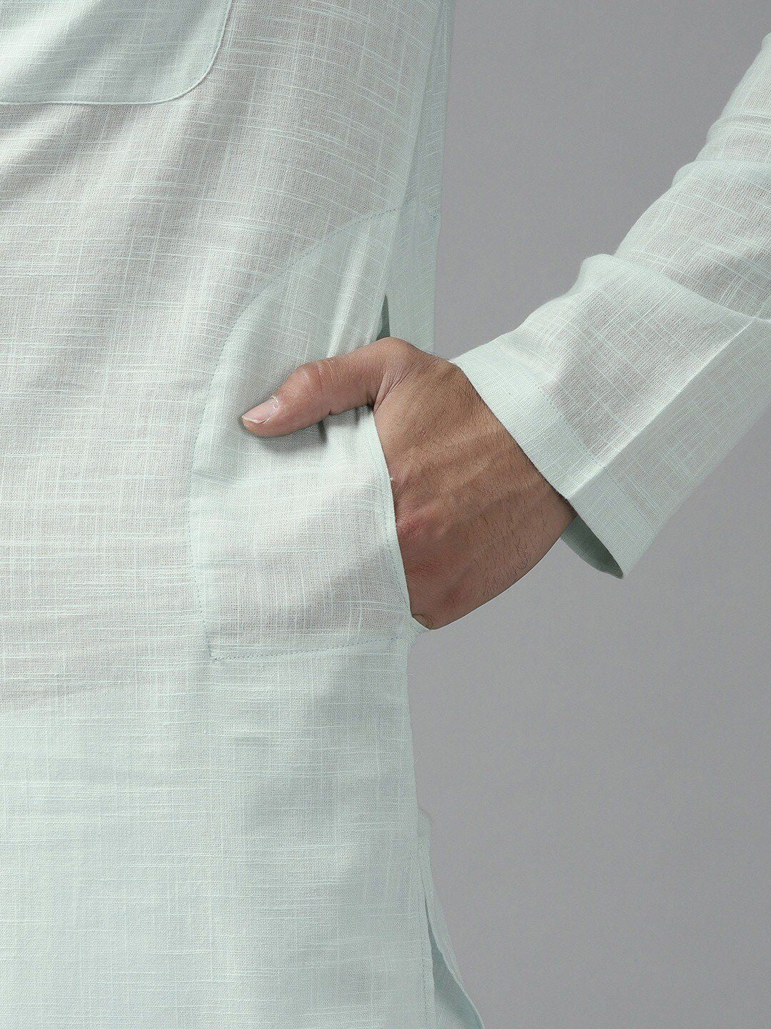 See Designs Men Green Yoke Design Thread Work Kurta