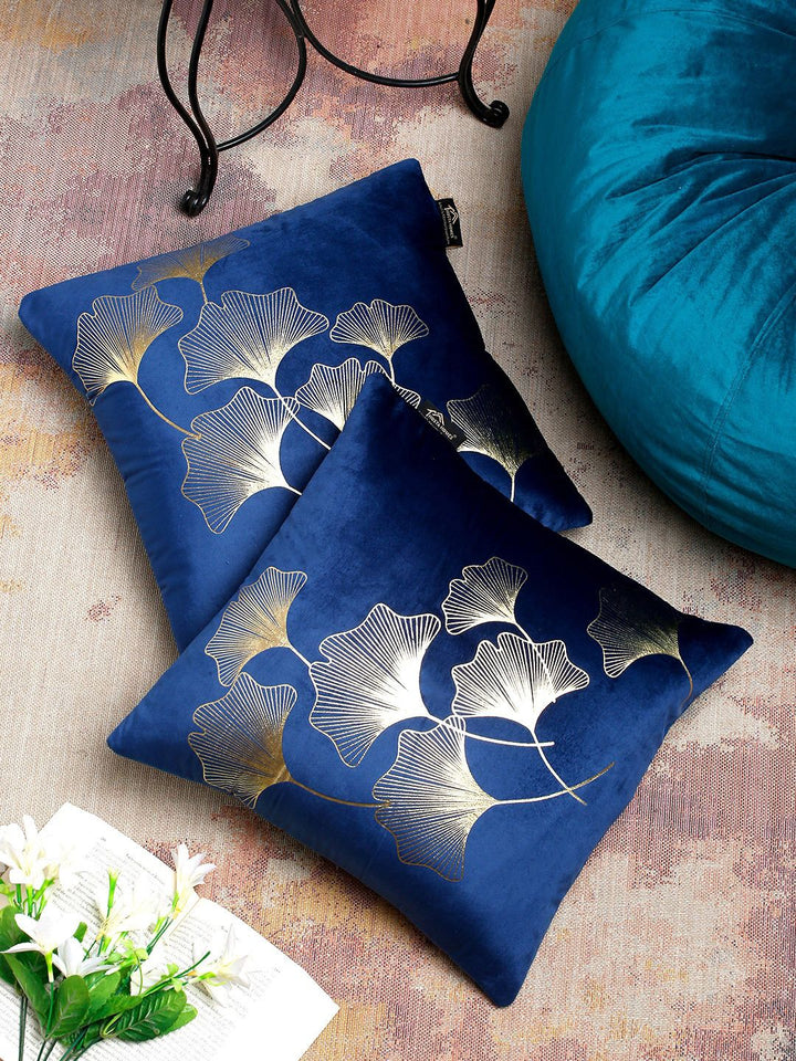 HOSTA HOMES Blue & Gold Set of 2 Floral Velvet Square Cushion Covers