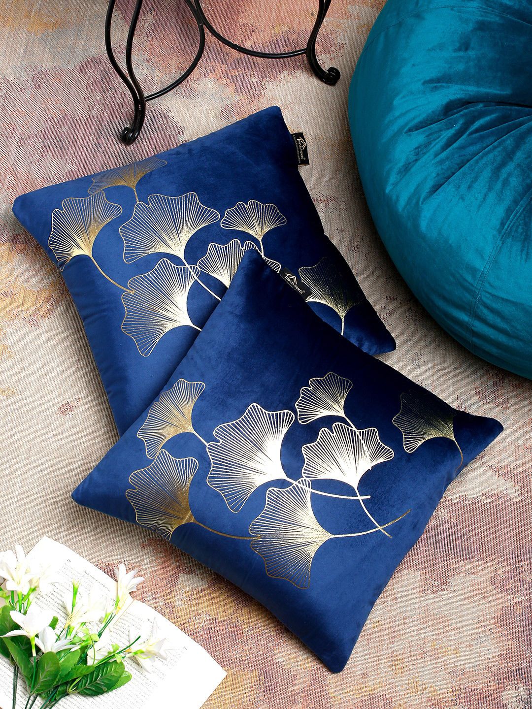 HOSTA HOMES Blue & Gold Set of 2 Floral Velvet Square Cushion Covers