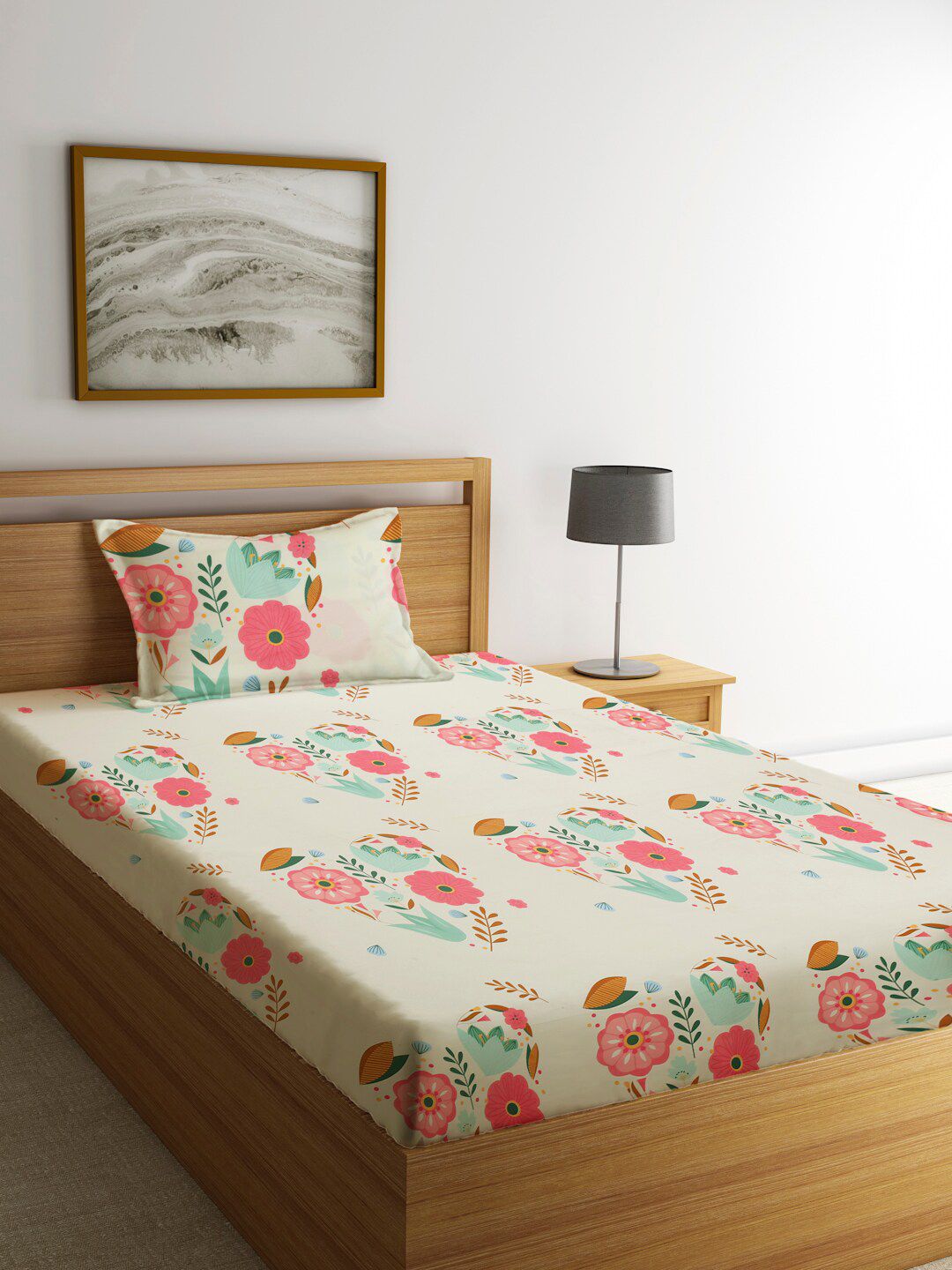 KLOTTHE White Floral Polycotton 210 TC Cadar Katil Single dengan Sarung Bantal-87 x 59 inci