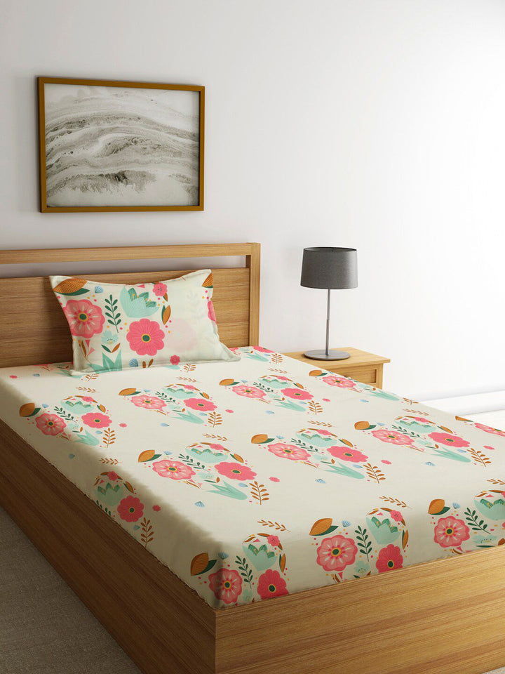 KLOTTHE White Floral Polycotton 210 TC Cadar Katil Single dengan Sarung Bantal-87 x 59 inci