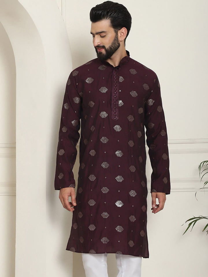 SOJANYA Dihiasi Geometrik Kolar Mandarin Kolar Kapas Sutera Lurus Kurta