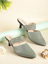 DressBerry Women Olive Green Solid Heeled Mules with Rivets Details